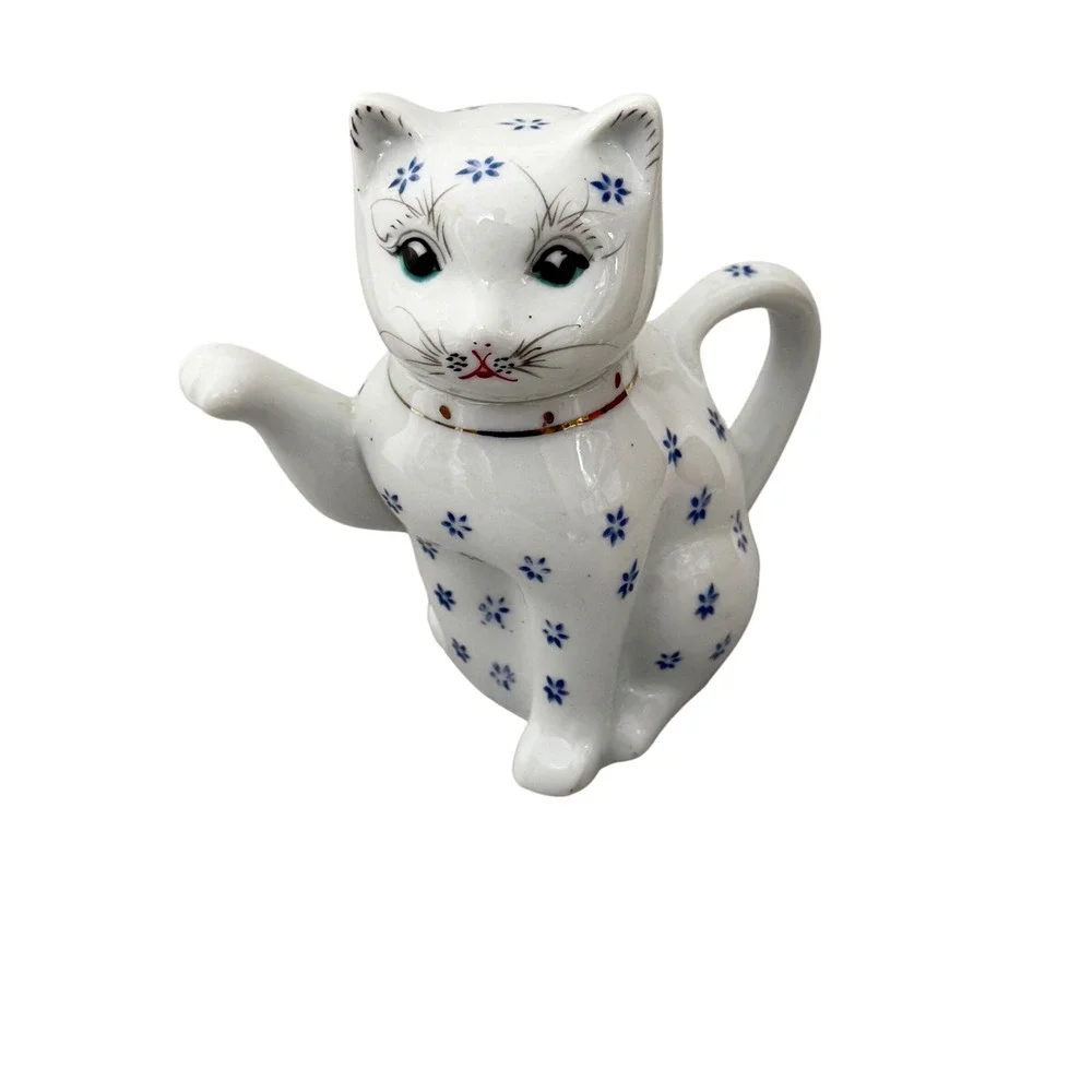 Vintage Ceramic Cat Teapot Small White Blue Floral Hand Painted Gold Collar OS